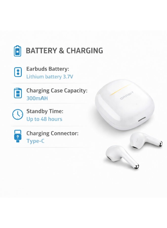 GRABIT G-TUNES MINI 2 True Wireless Earbuds (White) with Touch Control, 13mm Dynamic Drivers, Silicone Mic for Clear Calls, Up to 5H Playtime, 300mAh Type-C Charging Case & Comfortable Fit - Image 4